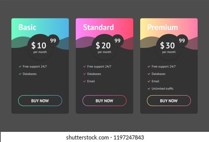 Collection of pricing plans for websites and applications. Hosting table banner. Vector illustration. Tablet with pricing list. 3 Versions Comparison. Dark template.