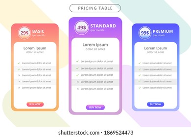 Collection of pricing plans for websites and applications, Pricing table with different catagory
