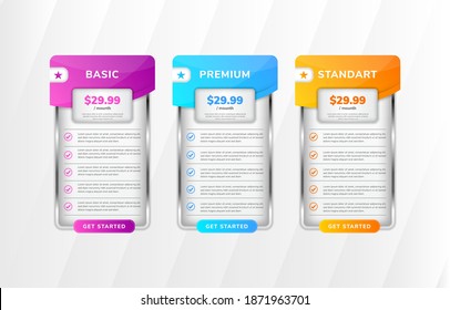 Collection of pricing plans for websites and applications. Hosting table banner. vertical layout with white grey gradient background and curve shape element. three colors choice purple, blue, orange