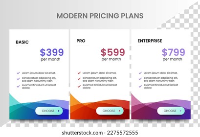 Collection of pricing plans for websites and applications. Hosting table banner. Vector illustration
