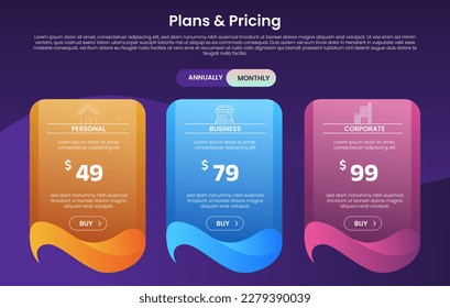 Sammlung von Preisplänen für Websites und Anwendungen. Hosting-Tisch-Banner. Vektorgrafik