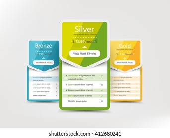 Collection of pricing plans for websites and applications. Hosting table banner. Vector illustration