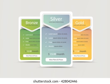 Collection of pricing plans for websites and applications. Hosting table banner. Vector illustration