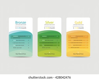 Collection of pricing plans for websites and applications. Hosting table banner. Vector illustration