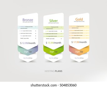 Collection of pricing plans for websites and applications. Hosting table banner. Vector illustration