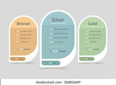 Collection of pricing plans for websites and applications. Hosting table banner. Vector illustration