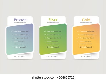 Collection of pricing plans for websites and applications. Hosting table banner. Vector illustration