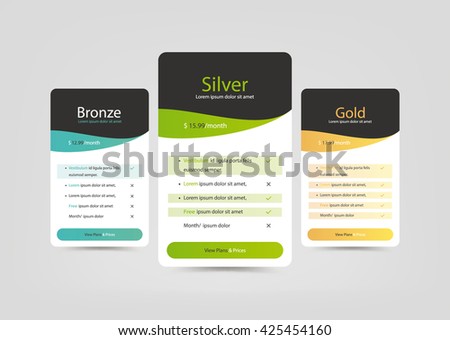 Collection of pricing plans for websites and applications. Hosting table banner. Vector illustration