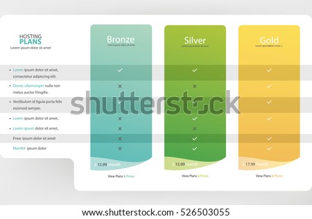 Collection of pricing plans for websites and applications. Hosting table banner. Vector illustration