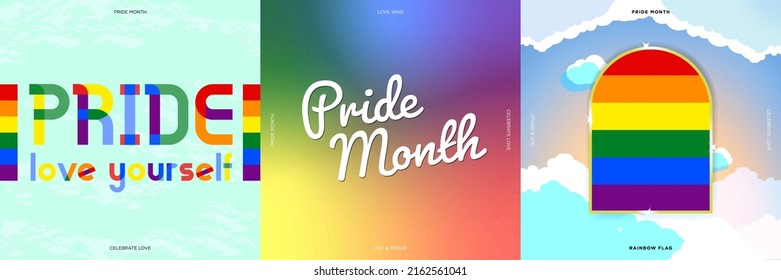 Collection Pride   rainbow themed posters  For LGBTQ Pride month   inclusivity  Geometric Pride Love Yourself  pride month gradient  gold framed rainbow flag  Vector Illustration  EPS 10  