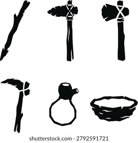 Collection of primitive stone age tools like spears axes and basket used for hunting and survival in ancient times.
