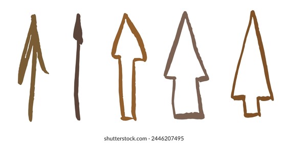 Una colección de flechas de estilo primitivo, dibujadas a mano en varios tonos marrones sobre un fondo liso, evocando una estética antigua o tribal.