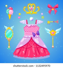Collection of Princess elements. Magic crown, dress and mirror. Vector illustration.