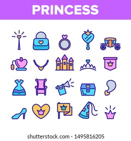Collection Princess Elements Vector Icons Set Thin Line. Magic Castle And Princess Crown, Coach And Perfume Bottle, Ring And Mirror Concept Linear Pictograms. Monochrome Contour Illustrations