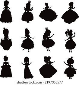 Collection of Princess Girls set flat isolated vector Silhouettes