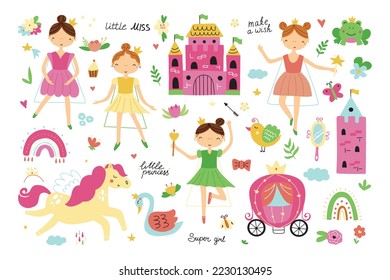 Collection of princesses with golden crown, castle, tower, pegasus, frog and swan. Hand drawn children's illustration.