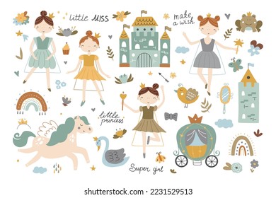 Collection of princesses with golden crown, castle, tower, pegasus, frog and swan in boho style. Hand drawn children's illustration.