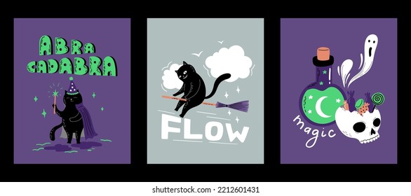 Collection of print with Funny cartoon black cat wizard, skull and magic potion bottle. Hand Drawn Halloween cards design. 