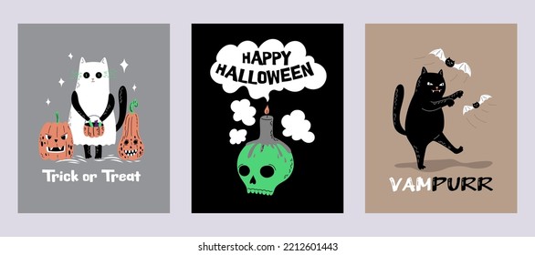 Collection of print with Funny cartoon black cat, ghost, skull with candle, jack's pumpkins and vampire. Hand Drawn Halloween cards design. Vampurr lettering 