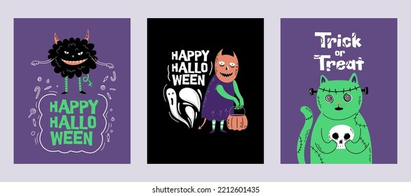 Collection of print with Funny cartoon monsters, zombie and skull. Hand Drawn Halloween cards design. 