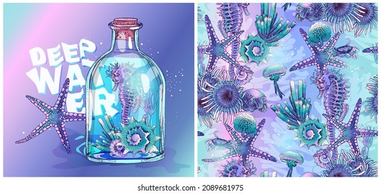 The collection of print and marine seamless pattern. The glass bottle of water with seahorse, starfish, coral and shell. Vector illustration.
