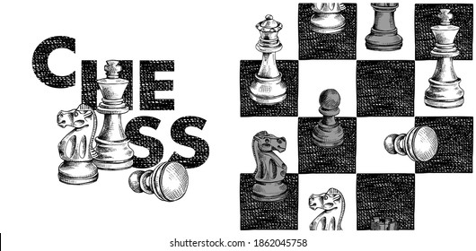 Collection of print and seamless pattern. Chess figures on a checkered background. Textile composition, hand drawn style print. Vector black and white illustration. 