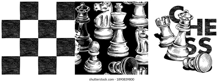 Collection of print and seamless pattern. Chess figures on a checkered background. Textile composition, hand drawn style print. Vector black and white illustration. 