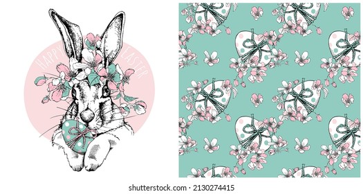 The collection of print and seamless pattern. Cute Bunny in the flowers headband. An egg in the paws. Pastel Easter composition, hand drawn style print. Vector illustration.