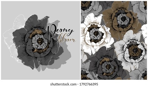 Collection of print and seamless pattern. Gold, gray and white Peony flowers. Textile composition, hand drawn style print. Vector illustration.