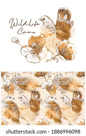 Collection of print and seamless pattern. Gold Grouse. Birds in a different poses and flowers. Textile composition, hand drawn style print. Vector illustration.