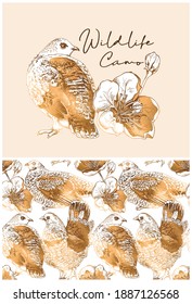 Colección de impresiones y patrones sin fisuras. Grupo de oro. Aves con poses y flores diferentes. Composición textil, impresión a mano. Ilustración vectorial.