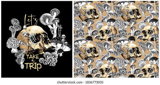 Collection print   seamless pattern  Monochrome Magic Psychedelic Mushrooms   skulls  Humor textile composition  hand drawn style print  Vector illustration 