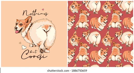 Collection of print and seamless pattern. Portrait of a cute Dogs. Funny Welsh Corgi in a different poses. Humor textile composition, hand drawn style print. Vector illustration.