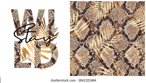 Collection of print and seamless pattern. Snake skin and gold palm branch. Textile composition, hand drawn style print. Vector illustration.