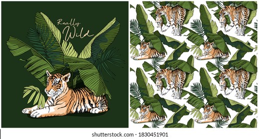 Collection of print and seamless pattern. Tigress and tiger cubs in the exotic palm leaves. Textile composition, hand drawn style print. Vector illustration.