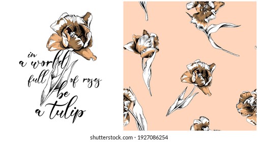 Collection of print and seamless pattern. Tulip flowers. Stems. Textile composition, hand drawn style print. Vector illustration.