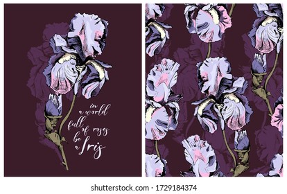 Collection of print and seamless texture. Iris flowers and buds. Textile composition, hand drawn style print. Vector illustration.