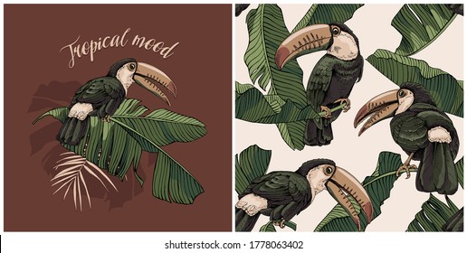 Collection of print and seamless texture. Toucan bird on banana leaves. Tropical mood - lettering quote. Textile composition, hand drawn style print. Vector illustration.