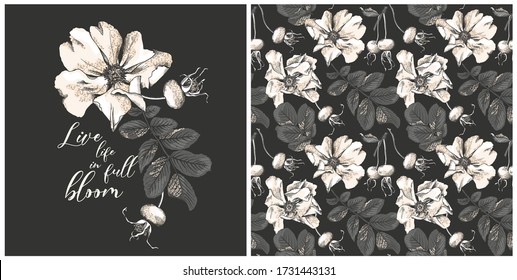 Colección de impresión y textura perfecta. Flores rosa de perro, hojas y bayas de oro blanco en un fondo gris oscuro. Composición textil, impresión a mano. Ilustración vectorial.