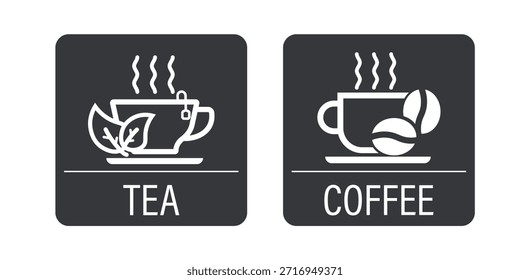 Coleção de etiquetas de bebida imprimíveis para chá e café com ícones de caneca, ideal para adesivos de restaurante, marca de café, bebidas e embalagens.