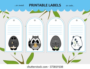 Collection printable gift tag, label, sticker with cute cartoon forest animals: mole, raccoon, china panda bear. Set for stationery, scrapbooking, hand-made items. Blank space for your text included 