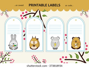 Collection printable gift tags, labels, stickers with cute cartoon forest animals: bunny, squirrel, mouse, bear. Set for stationery, scrapbooking, hand-made items. Blank space for your text included.