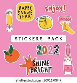 Collection of printable stickers for New Year vibes in trendy hand drawn naive style. Party mood cut file stickers with champagne bottle, tangerines, wine glass and lettering.