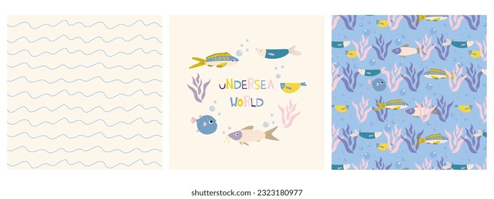 Colección de impresiones con peces aislados y motivos náuticos.