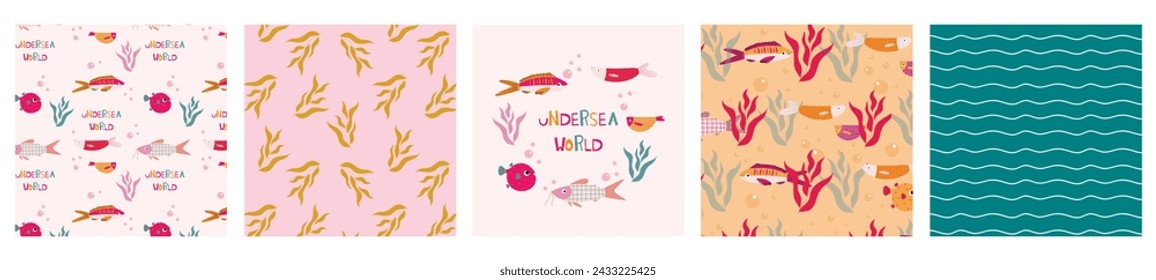 Collection of prints with isolated fish and nautical theme patterns. Great for wallpaper, backgrounds, packaging, fabric, scrapbook