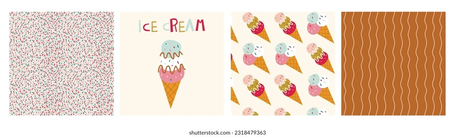 collection of prints and patterns with ice cream and abstract pattern