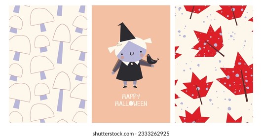 Collection of prints and patterns on the theme of Halloween. Patterns with autumn foliage, mushrooms and a witch with a raven.