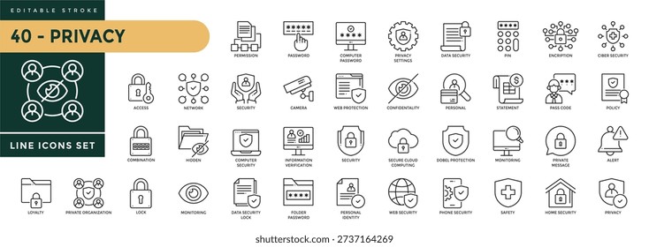 A collection of Privacy icons set with editable stroke, including access, secure of data, document, recognition, security camera, lock, safety, security, protection. Thin linear vector illustration