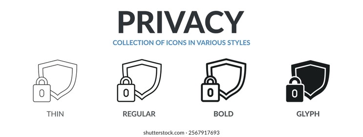 Collection of PRIVACY icons in variety of styles. Designed in thin line, regular line, bold line, and glyph.