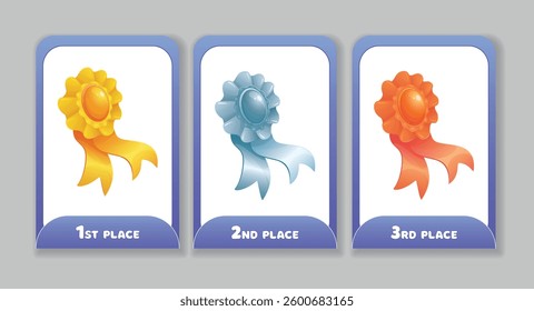 Collection of prize places gold, silver, bronze on a white background. Prize cards with award ribbons of winners.